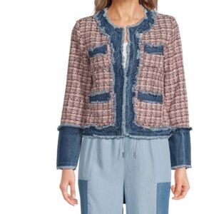 Nannette Lenore Women's Pink and Blue Tweed fringes trimmed cropped Jacket